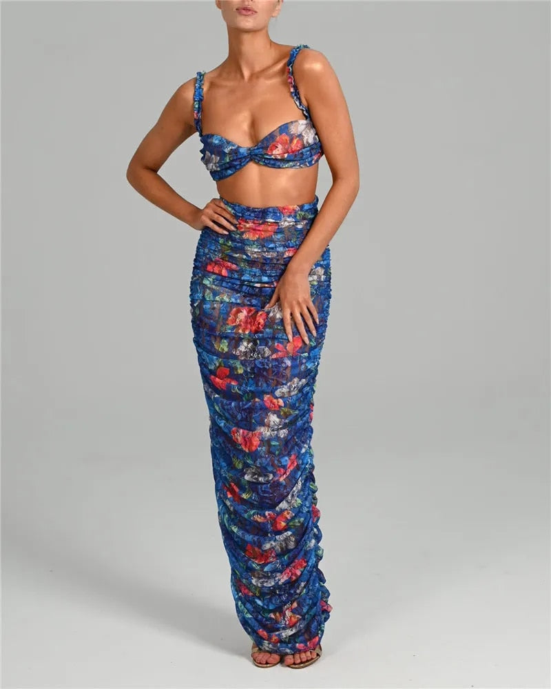 Andrea Strapless Ruched Print Sexy Top And Skirt Set