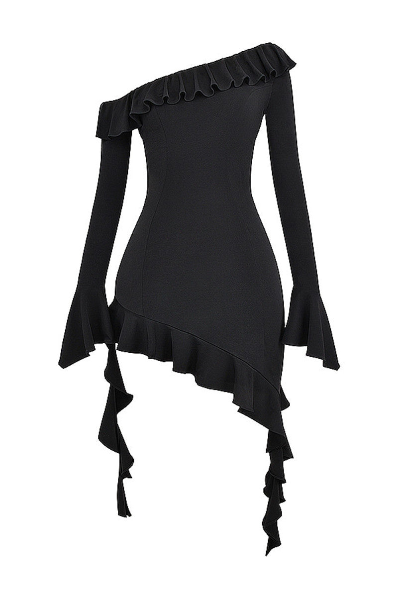 Nancy Diagonal Collar Ruffled Sexy Mini Dress