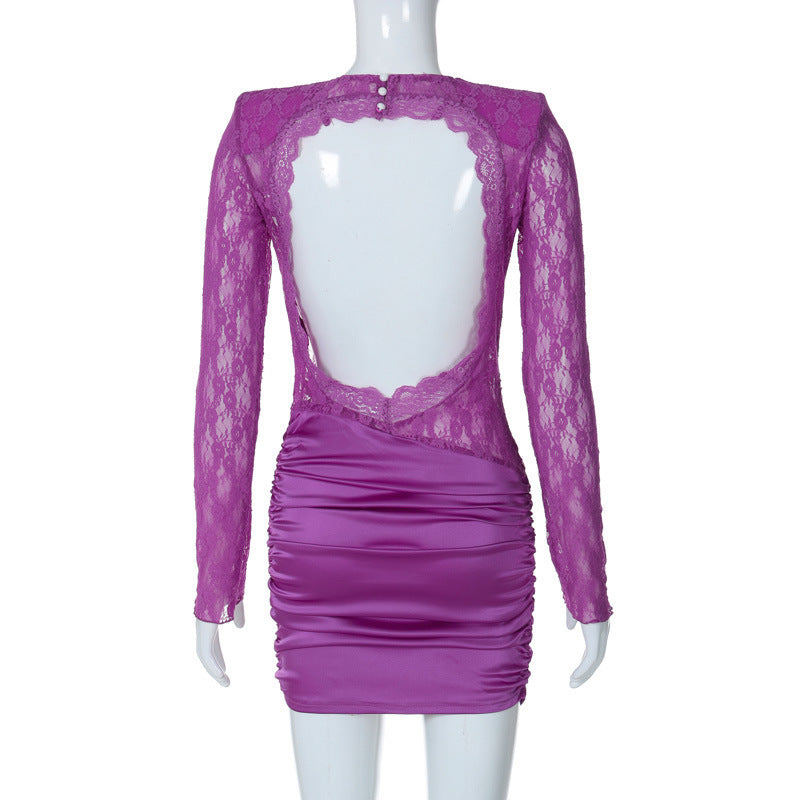 Annie Purple Lace See Through Backless Sexy Mini Dress